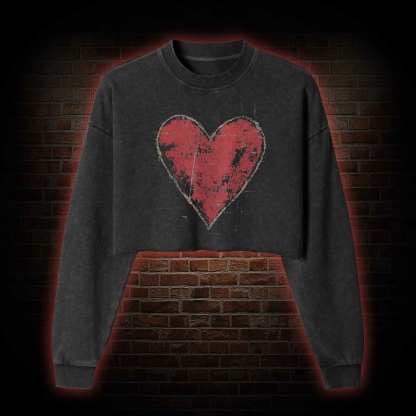 Distressed Heart Washed Cropped Sweatshirts