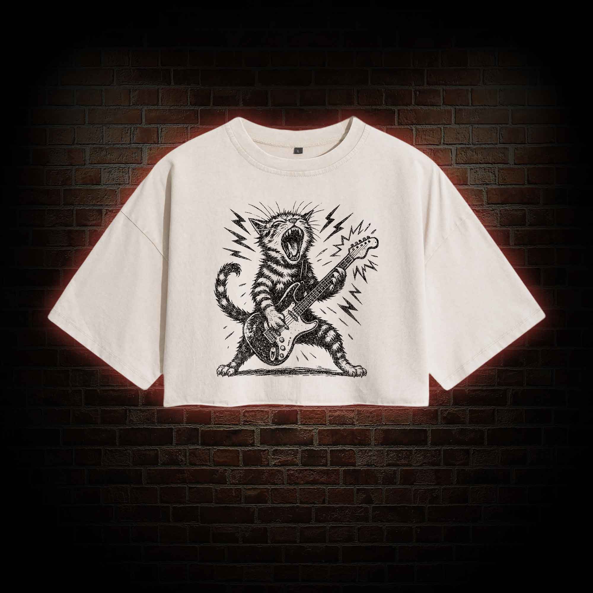 Rock and Roll Cat Washed Cropped T-shirts