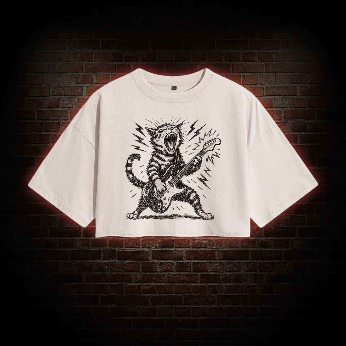 Rock and Roll Cat Washed Cropped T-shirts