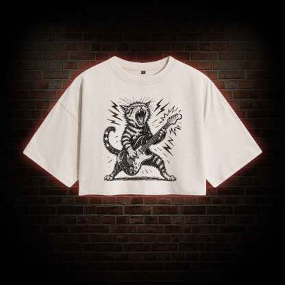 Rock and Roll Cat Washed Cropped T-shirts