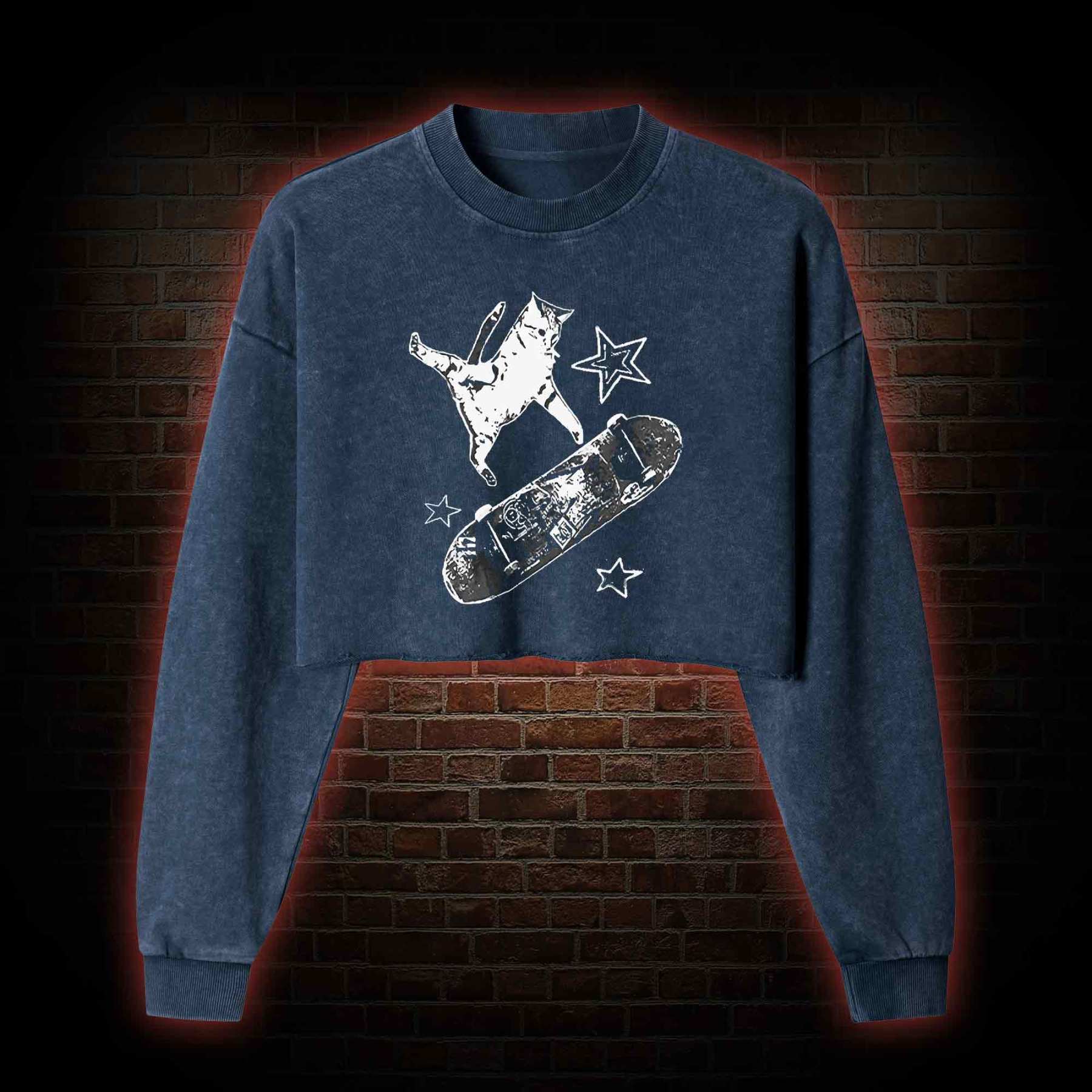 Skateboard Cat Washed Cropped Sweatshirts