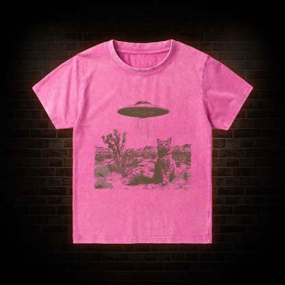 Ufo Cowboy Cat Kid Washed T-Shirt