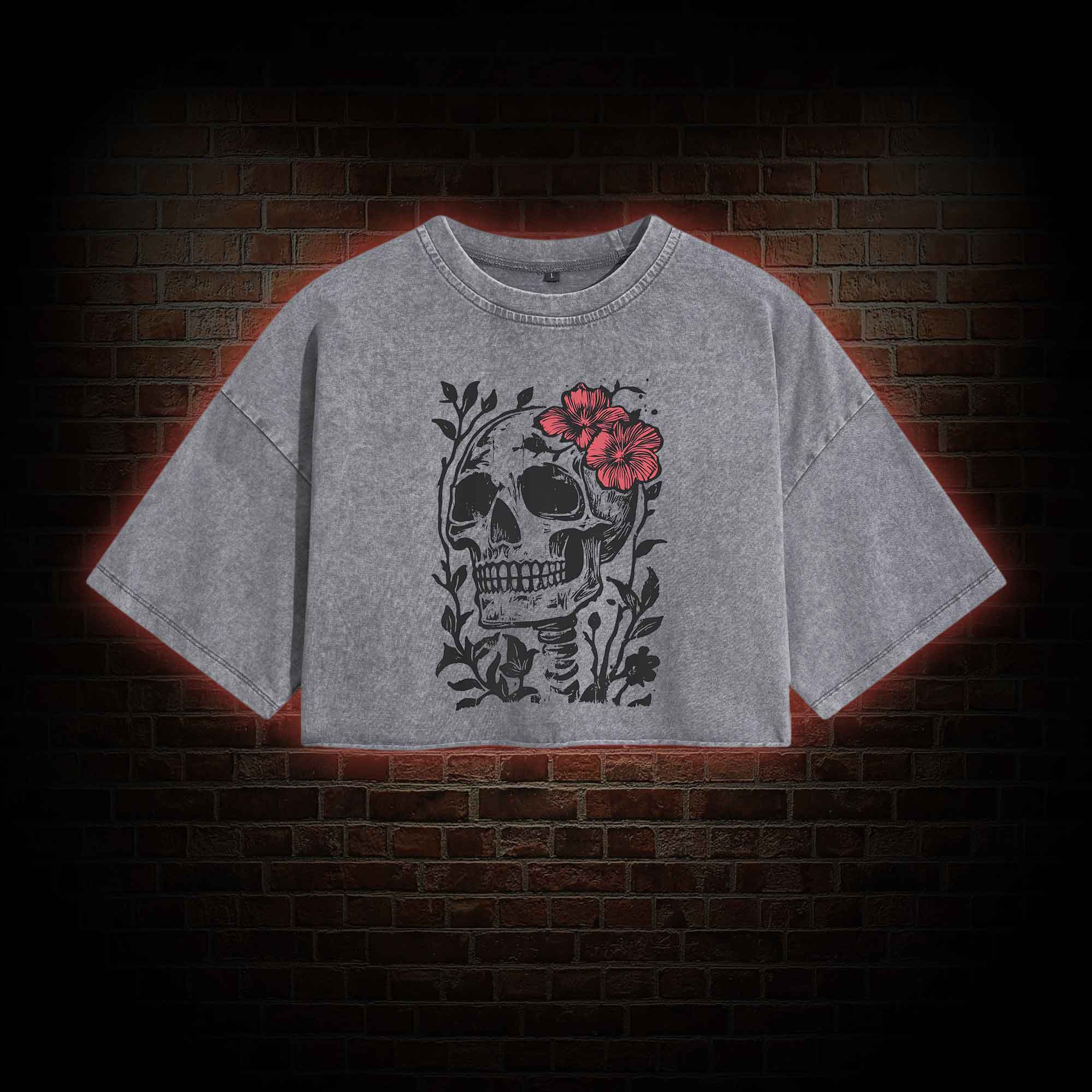 Flower Skull Washed Cropped T-shirts