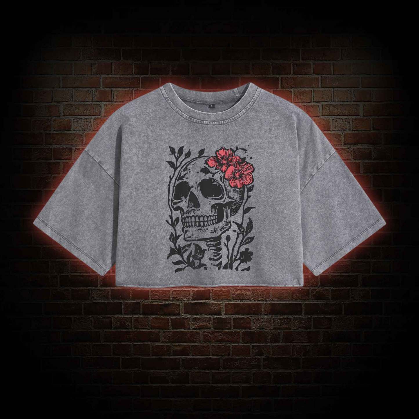 Flower Skull Washed Cropped T-shirts