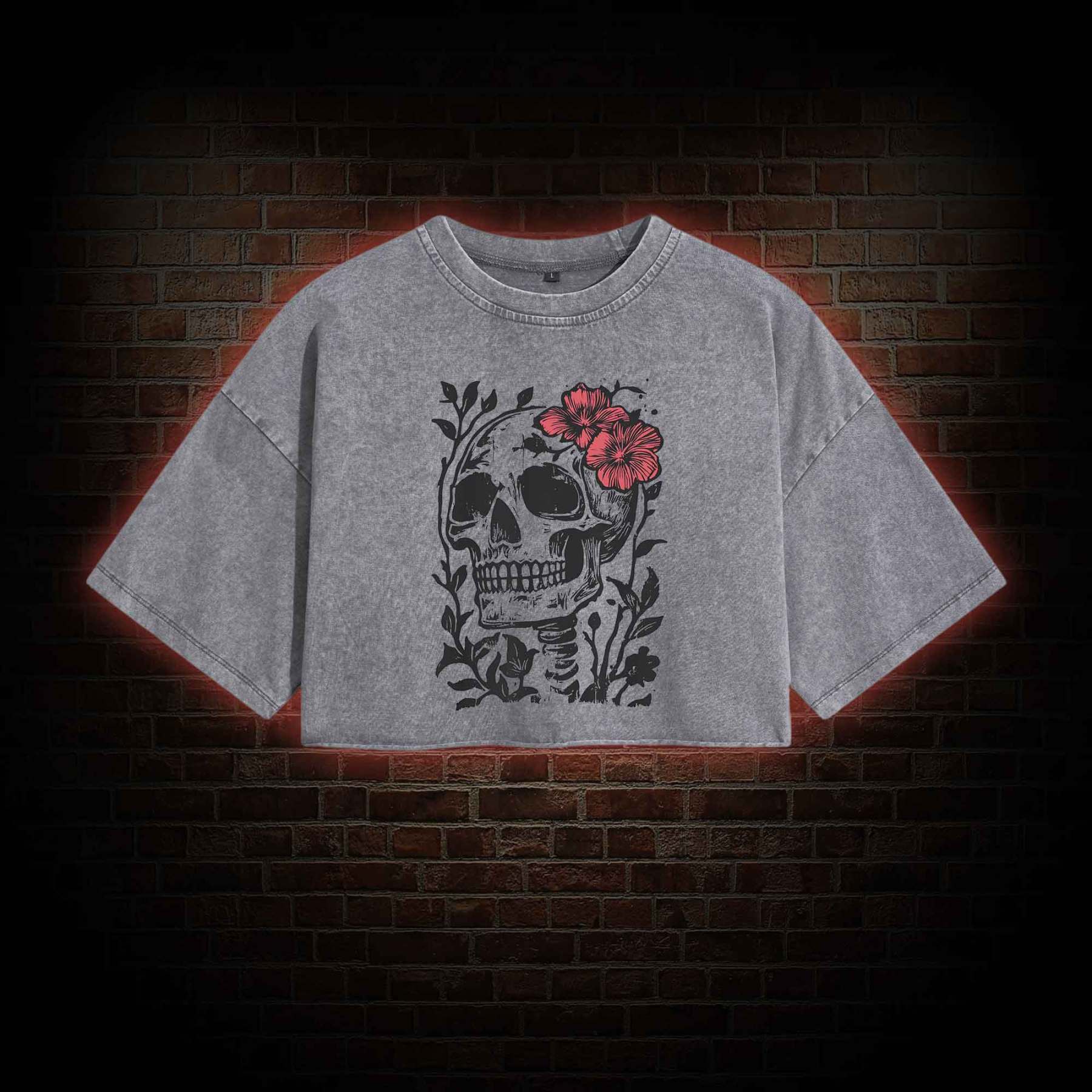 Flower Skull Washed Cropped T-shirts