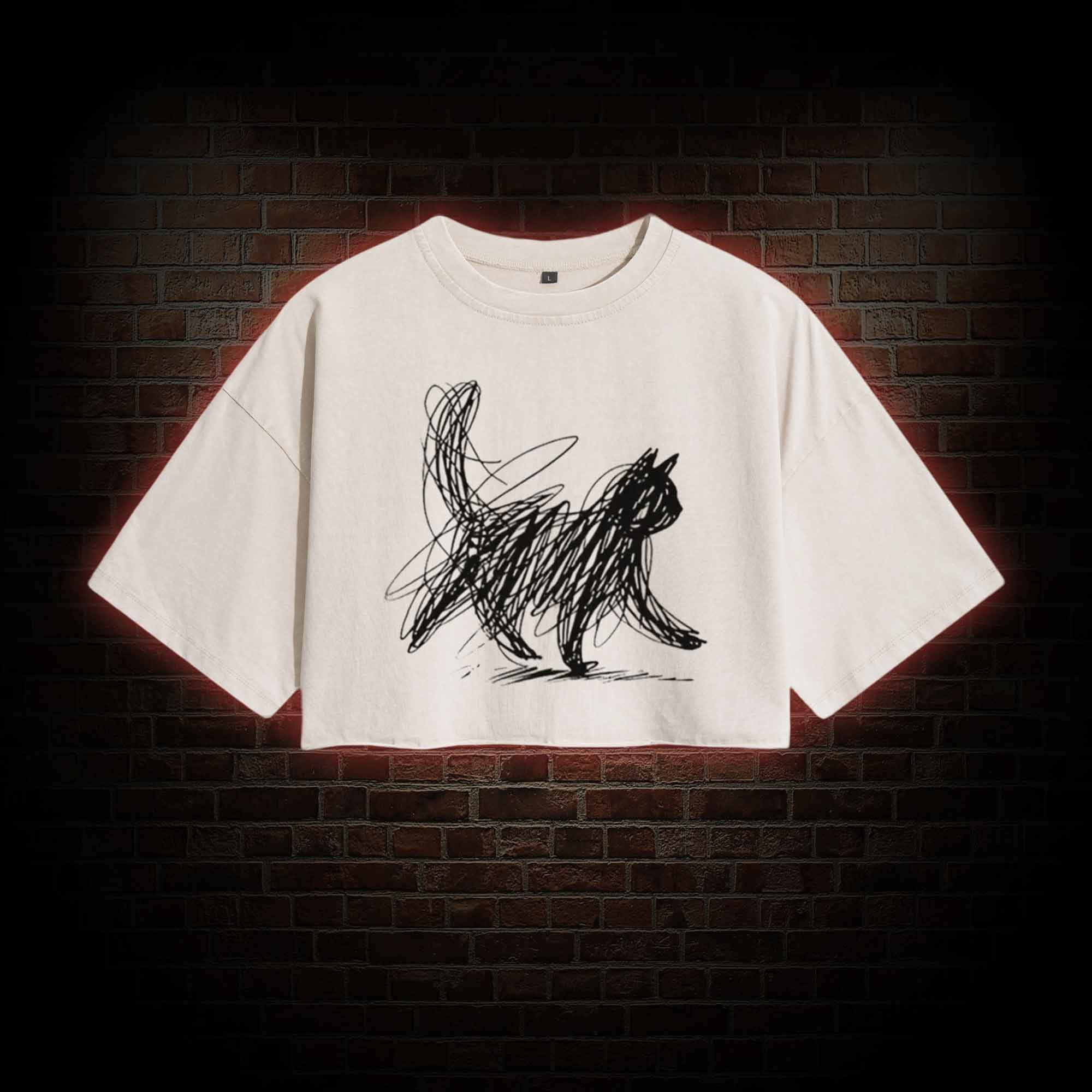 Cat Line Art Washed Cropped T-shirts