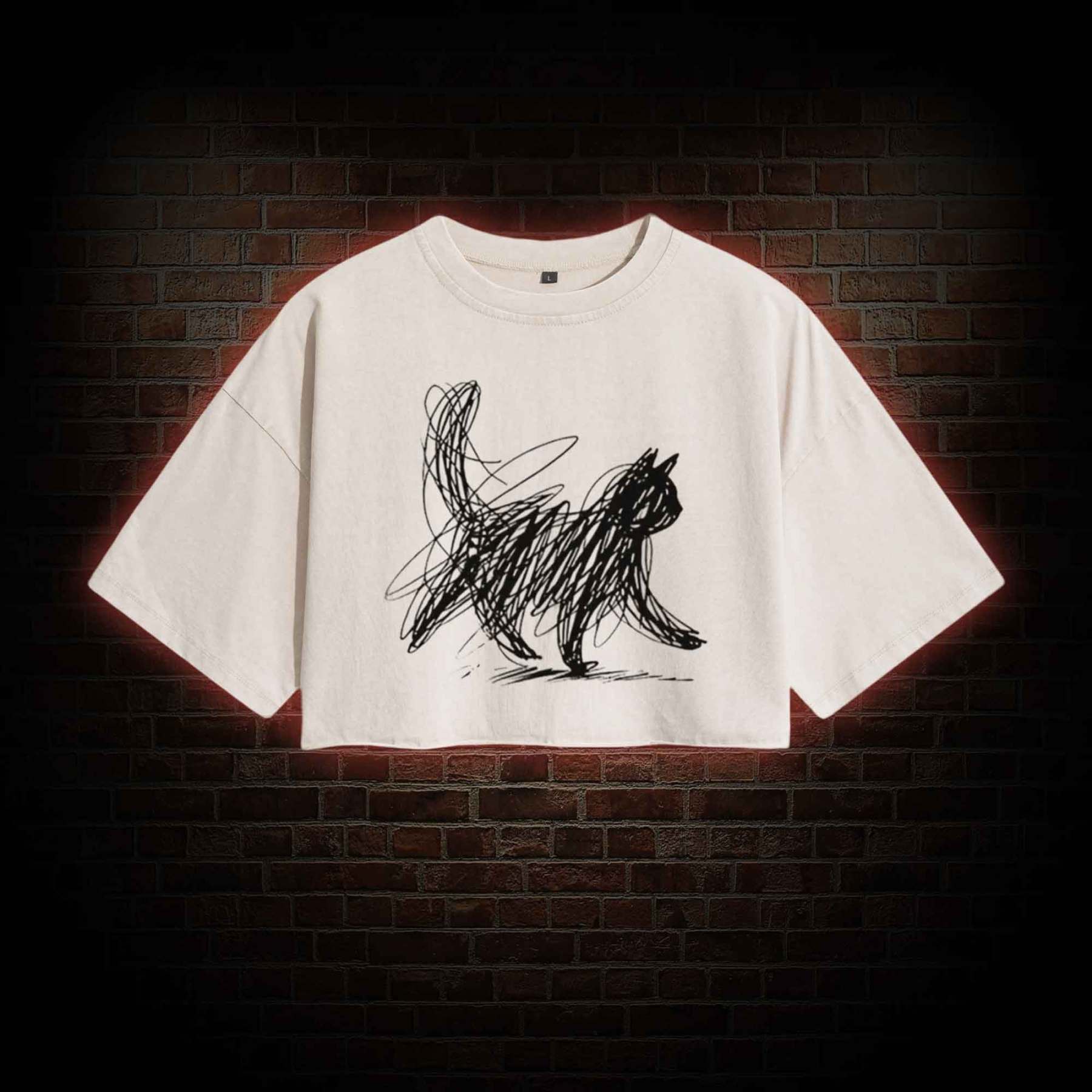 Cat Line Art Washed Cropped T-shirts