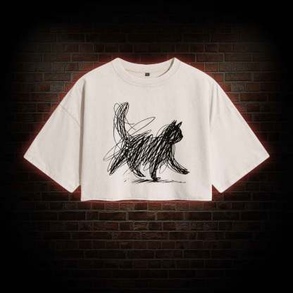 Cat Line Art Washed Cropped T-shirts