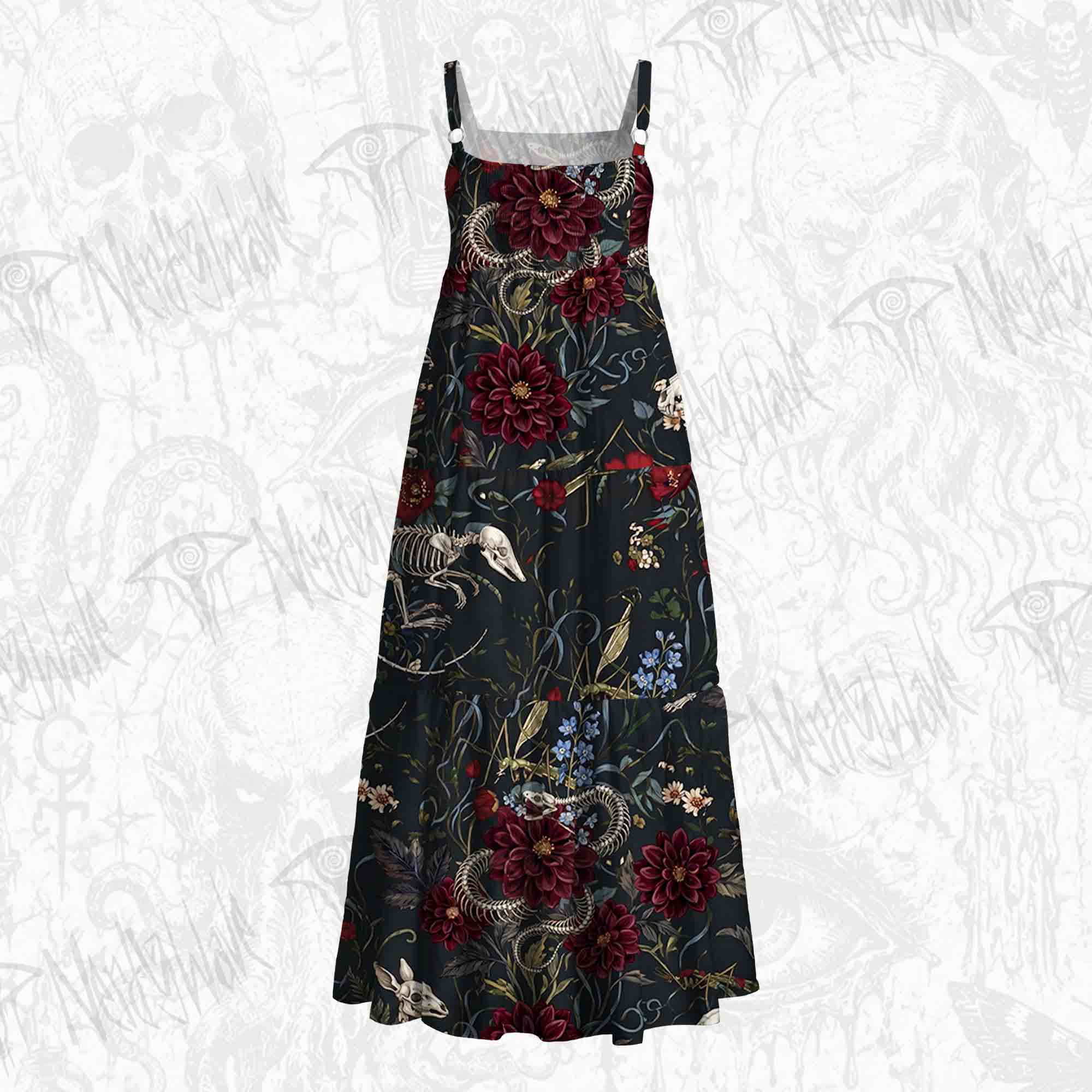 Animal Skeletons and Red Flowers Wide Straps Maxi Dress