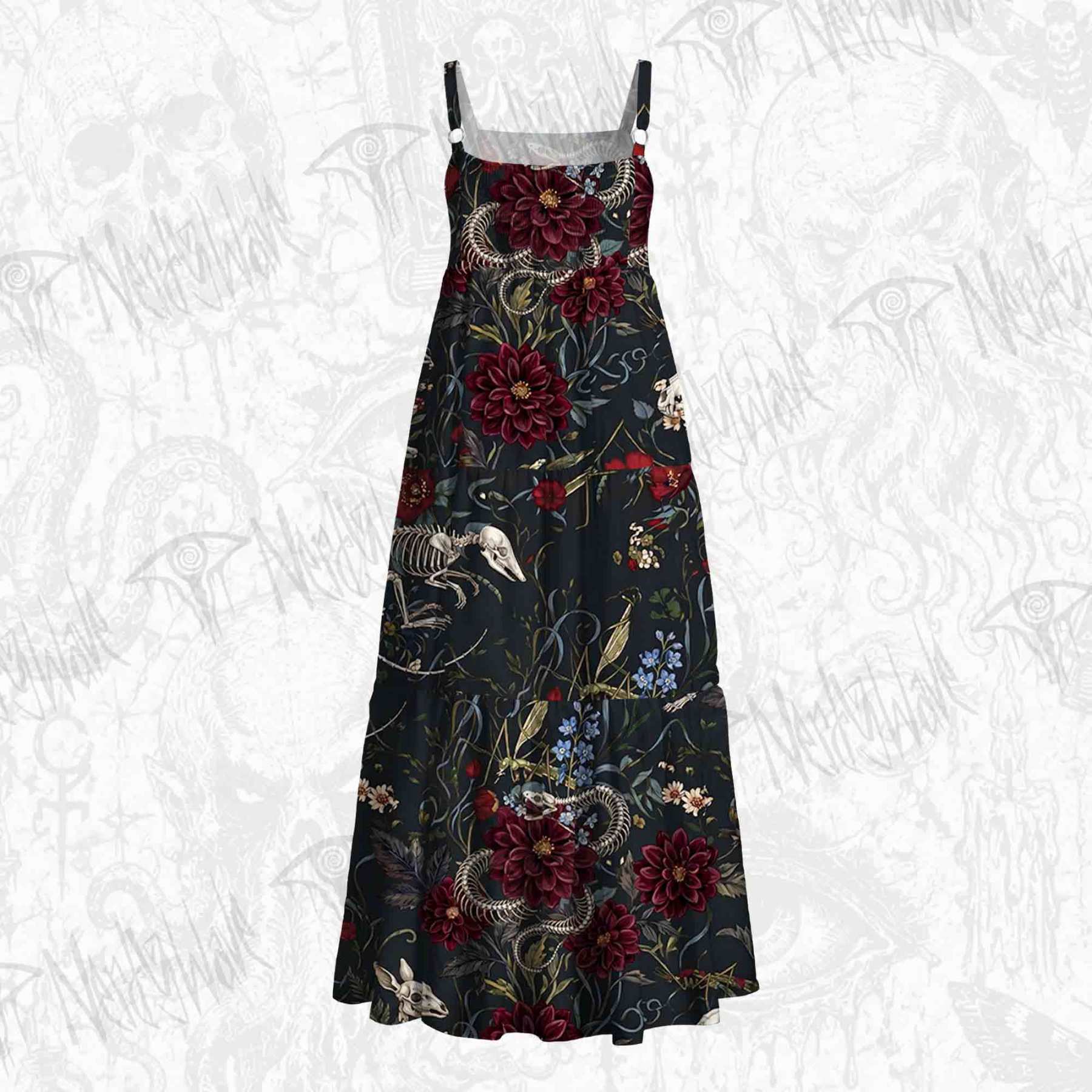 Animal Skeletons and Red Flowers Wide Straps Maxi Dress