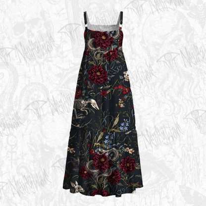 Animal Skeletons and Red Flowers Wide Straps Maxi Dress