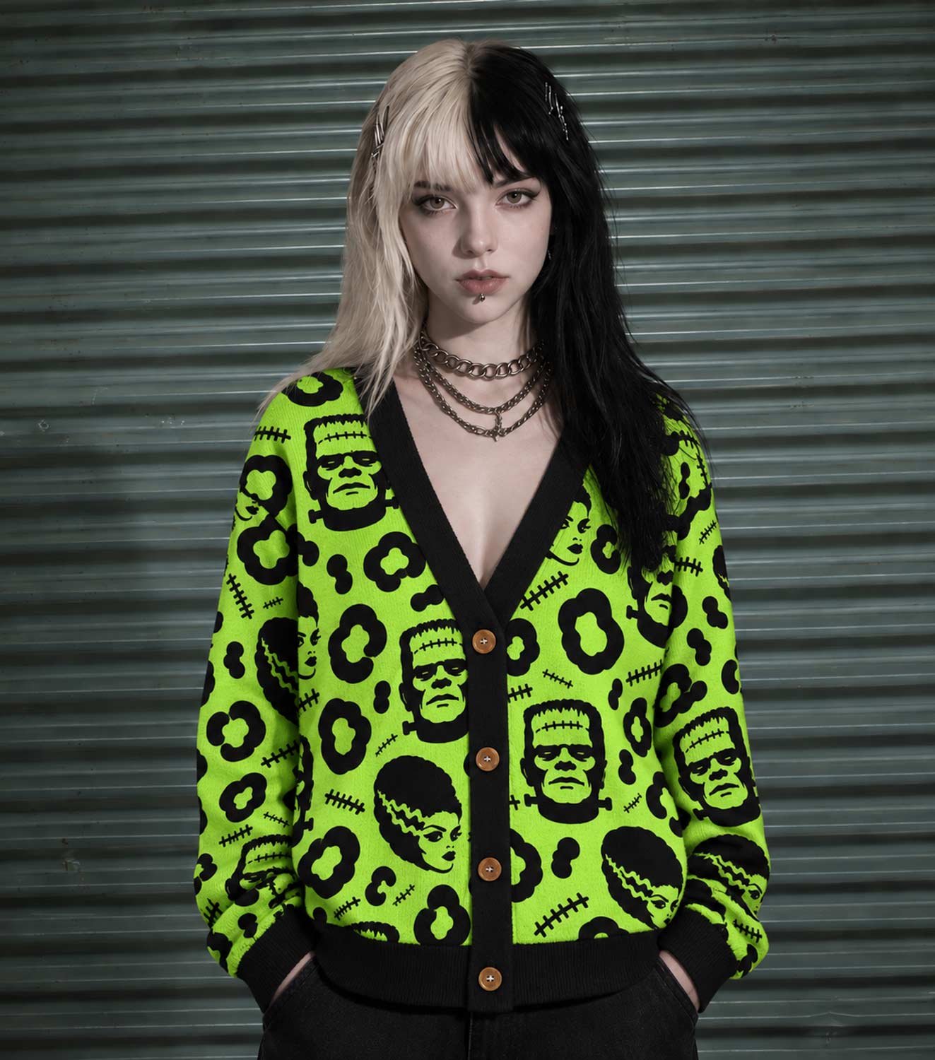Neon Green Monster Cardigan Sweater