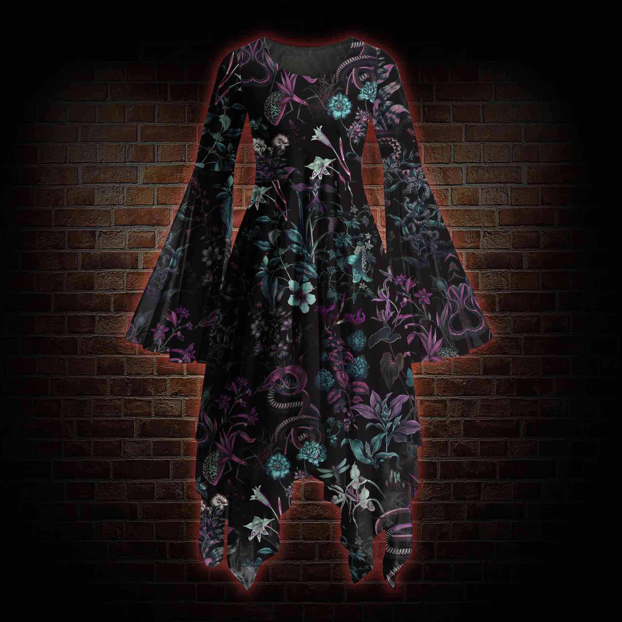Forbidden Flora Bell-sleeve Handkerchief-hem Dress