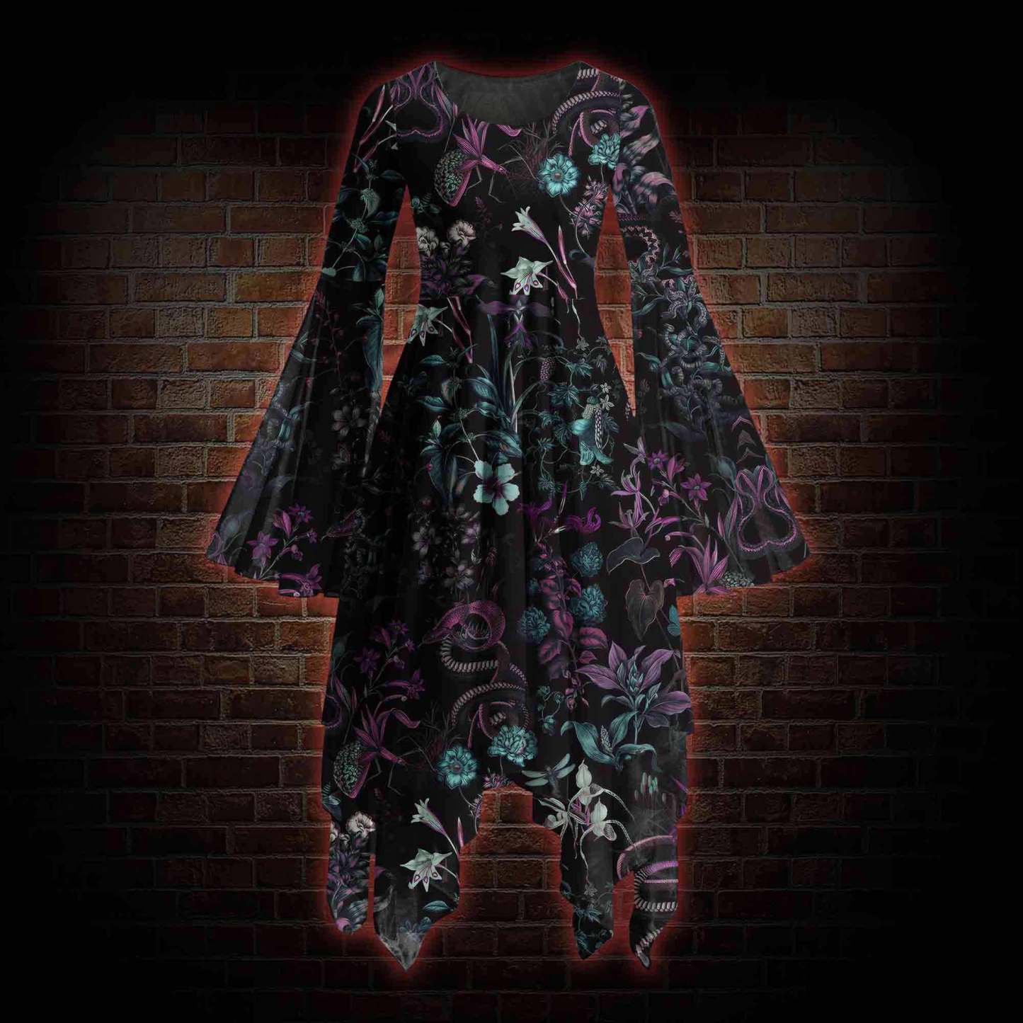 Forbidden Flora Bell-sleeve Handkerchief-hem Dress
