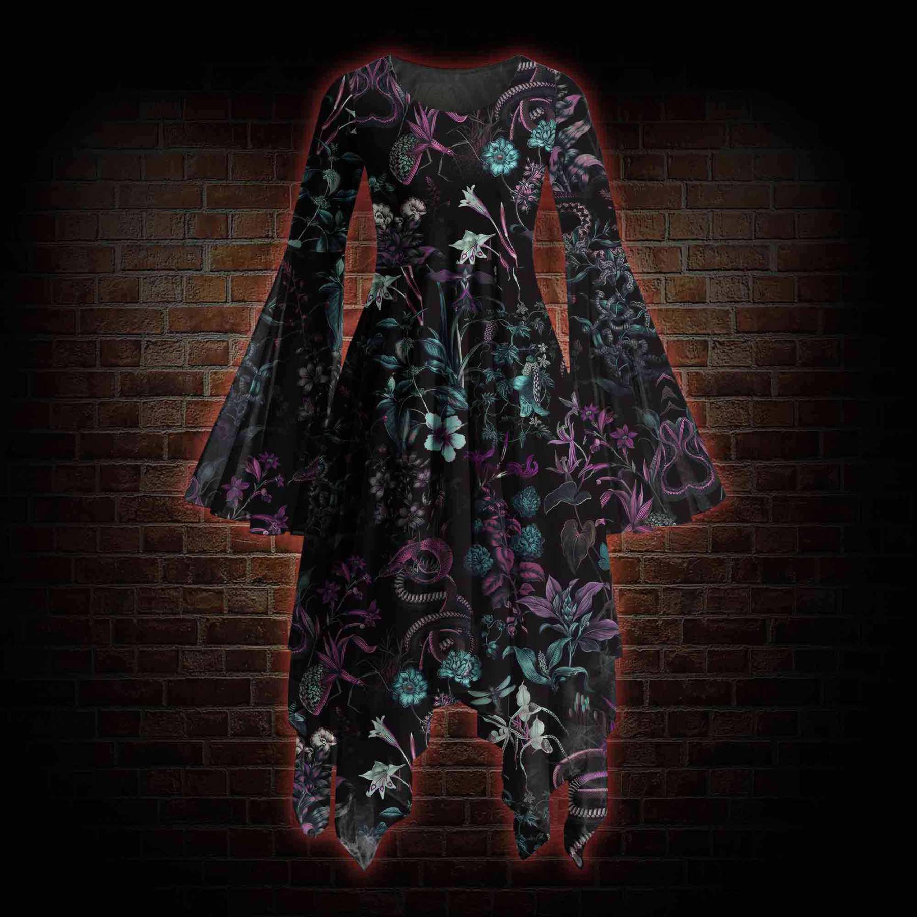 Forbidden Flora Bell-sleeve Handkerchief-hem Dress