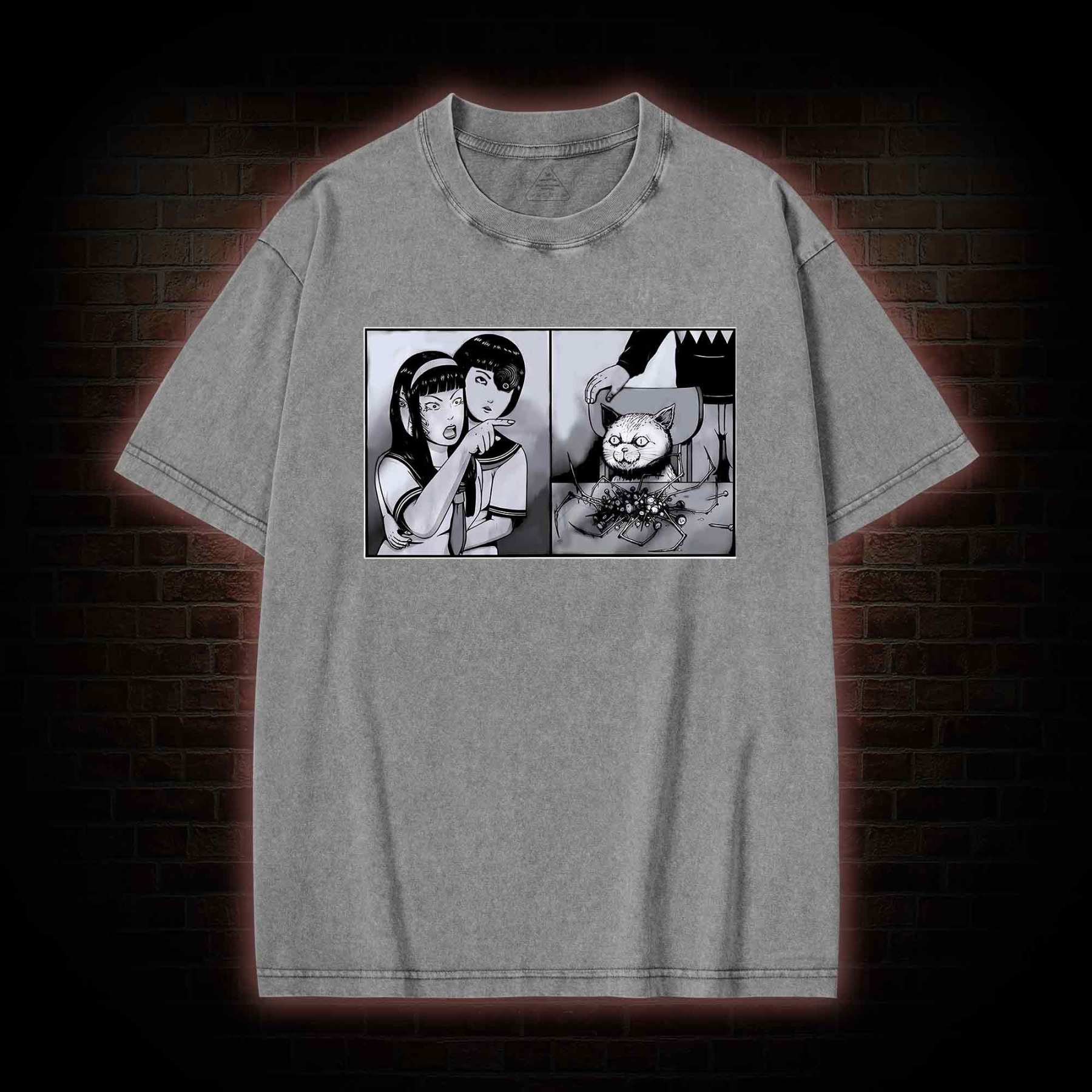 Girl Yelling at a Creepy Cat Washed T-shirt