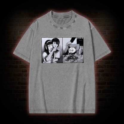 Girl Yelling at a Creepy Cat Washed T-shirt