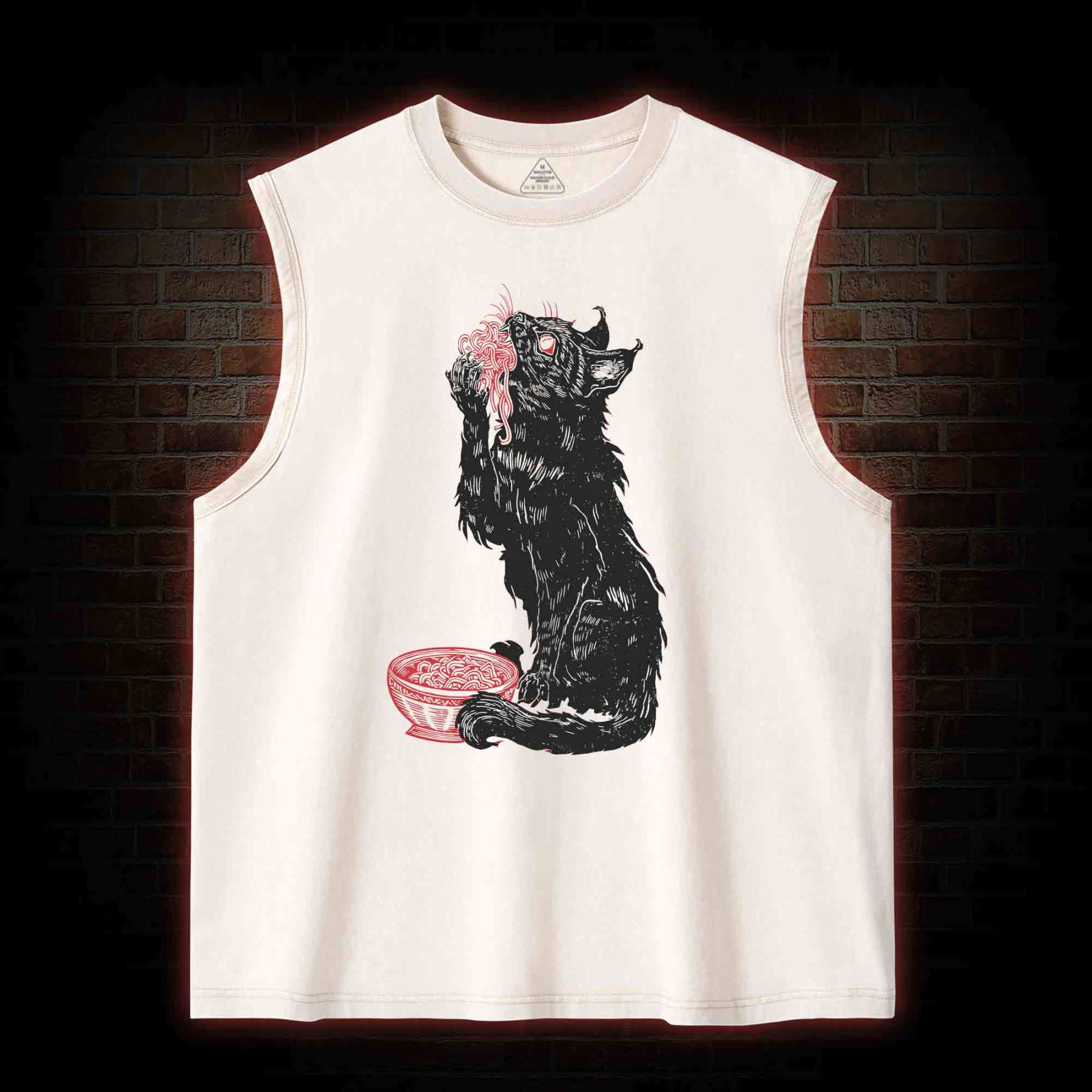 Cat Eating Noodles Washed Tank Top