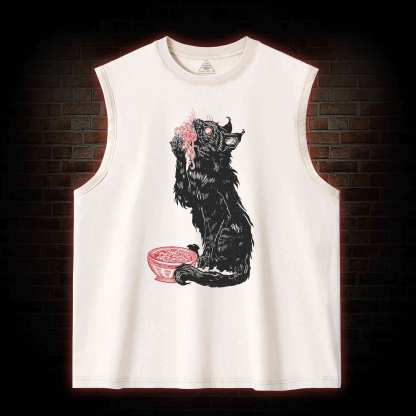 Cat Eating Noodles Washed Tank Top