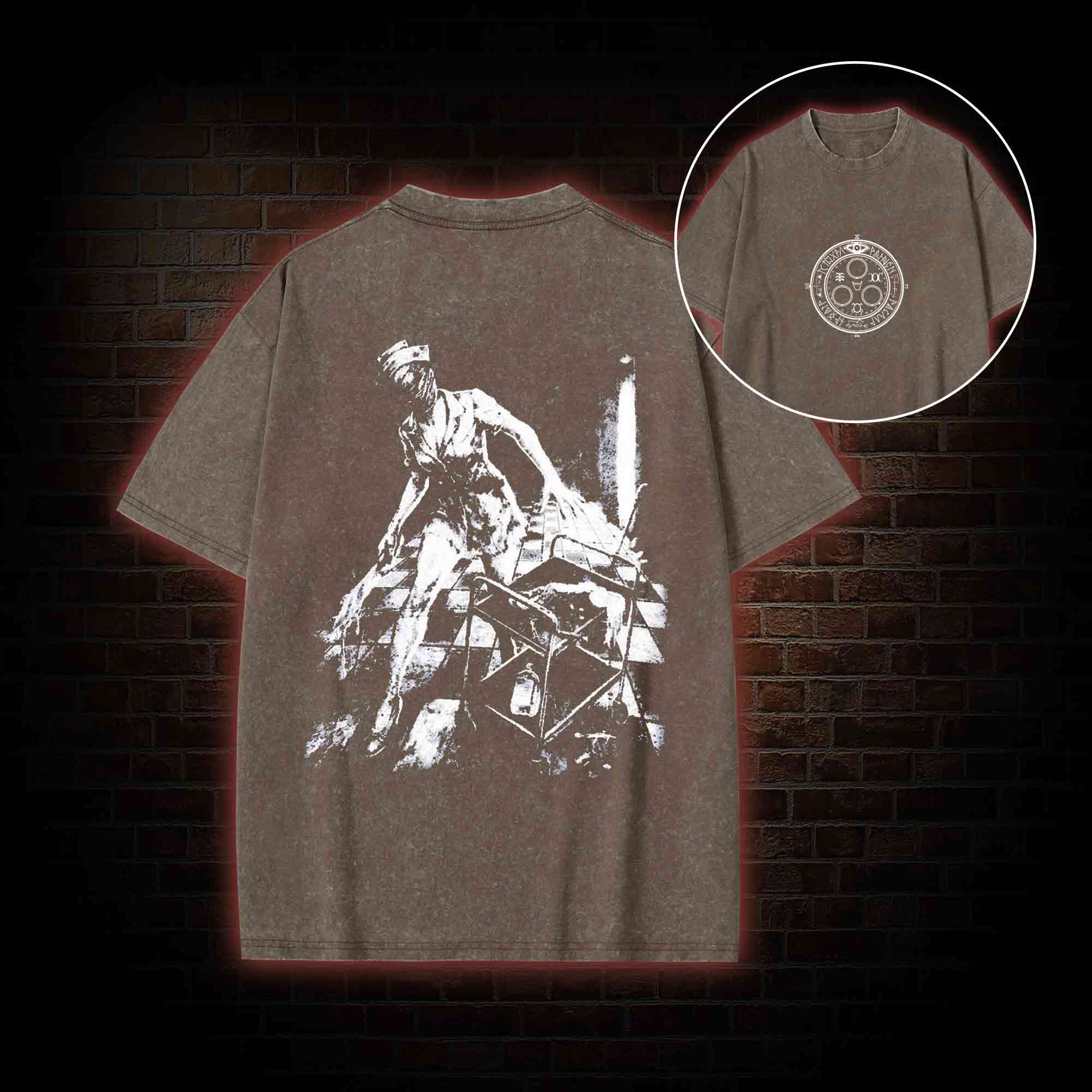 Retro Hello Nurse Back Print Washed T-shirt