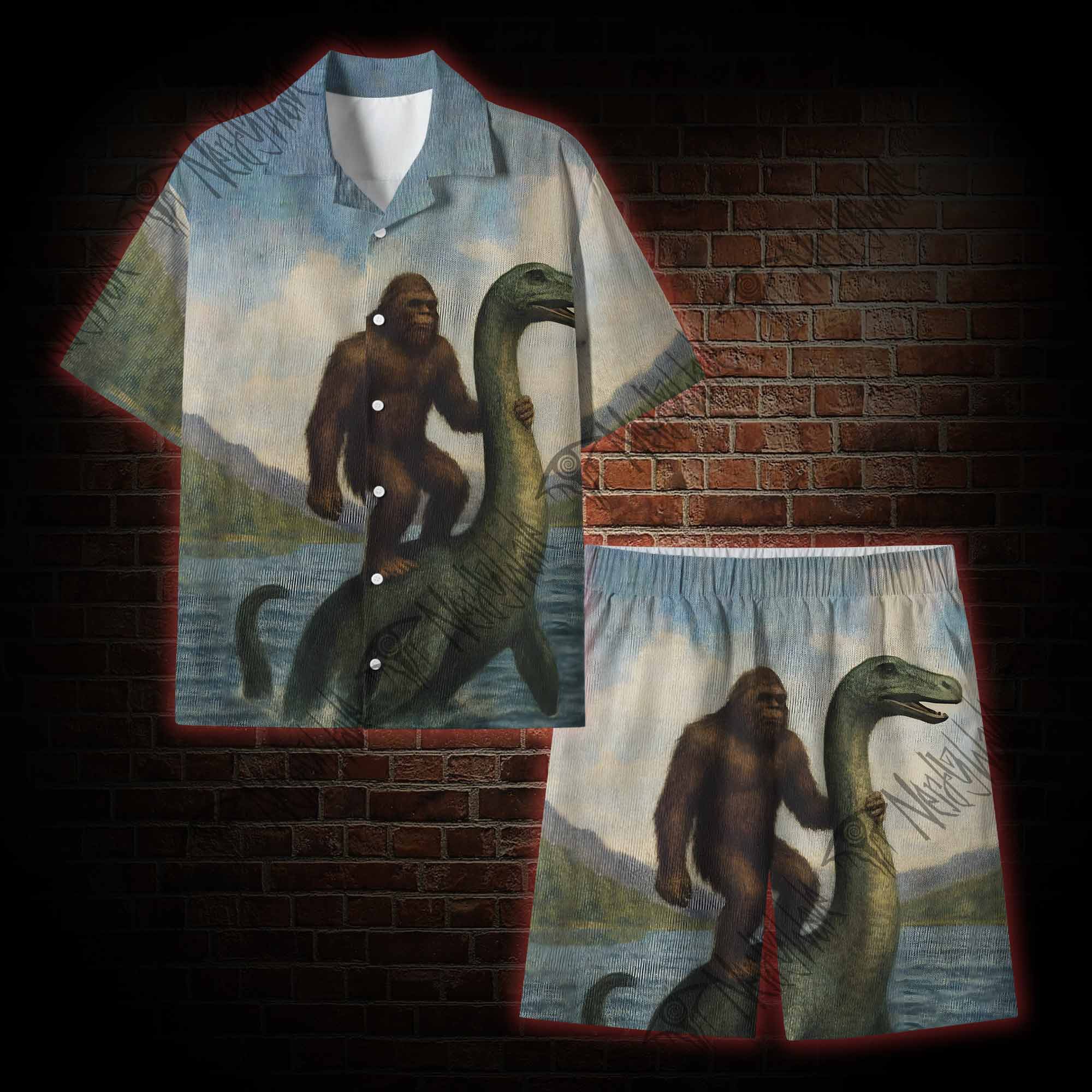 Bigfoot Riding Loch Ness Monster Button-up Shirt