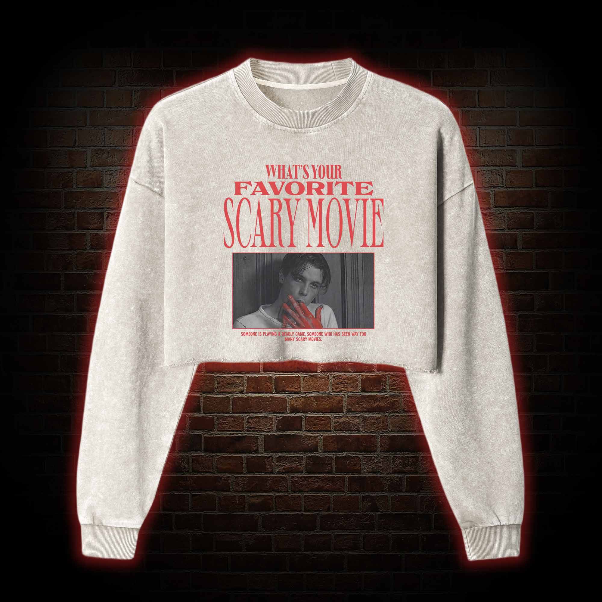 What's Your Favorite Scary Movie Washed Cropped Sweatshirts
