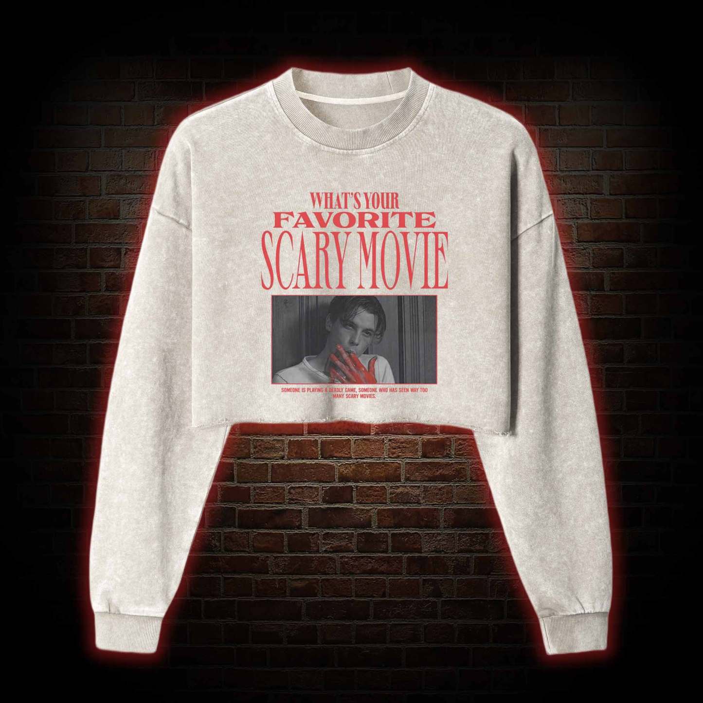 What's Your Favorite Scary Movie Washed Cropped Sweatshirts