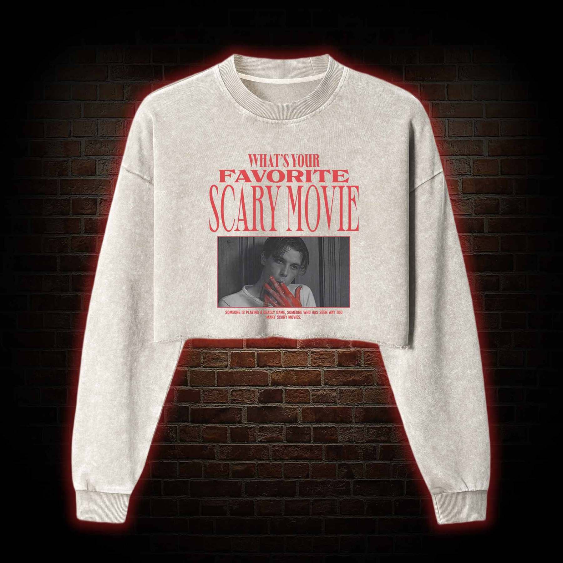 What's Your Favorite Scary Movie Washed Cropped Sweatshirts