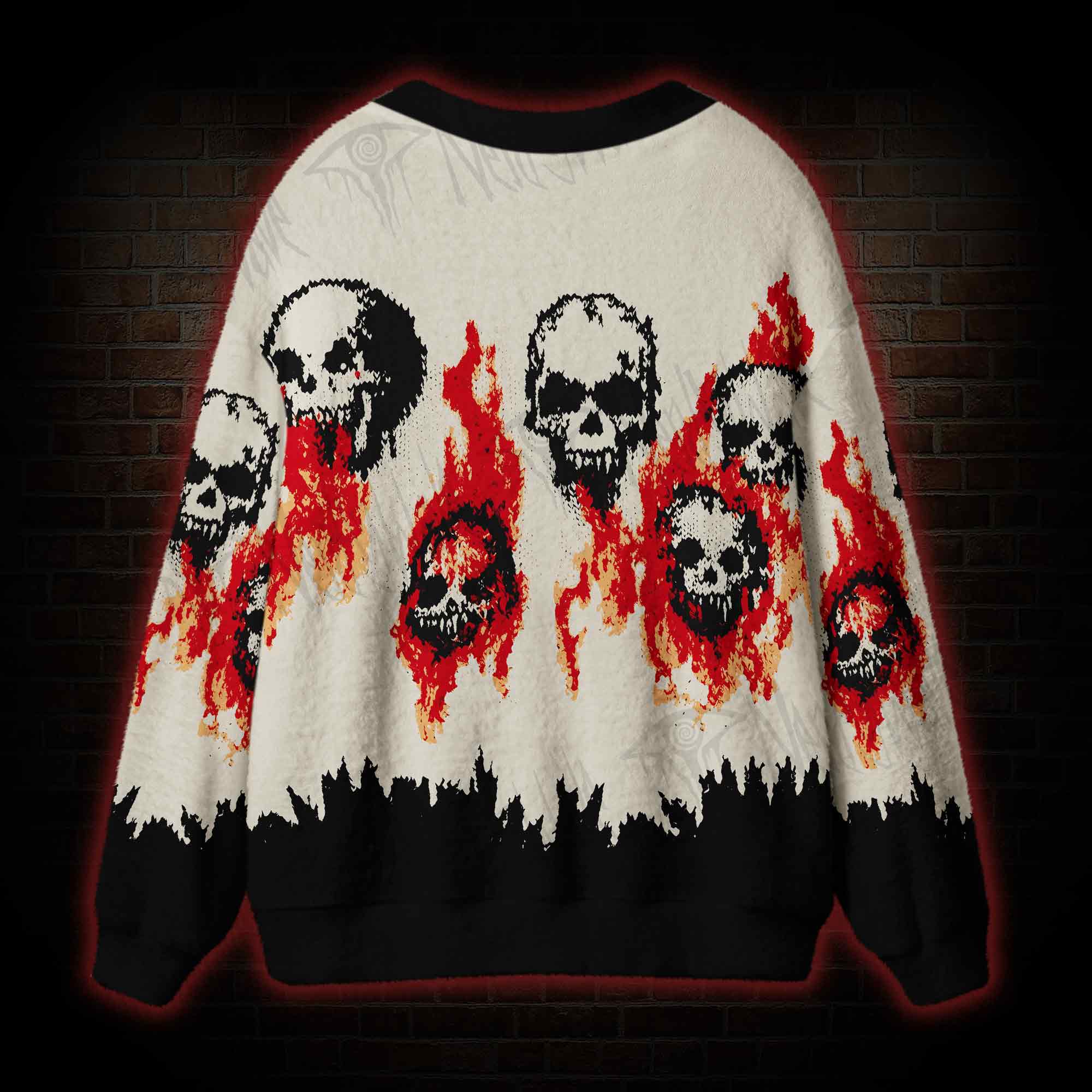 Grunge Flaming Skull Cardigan Sweater