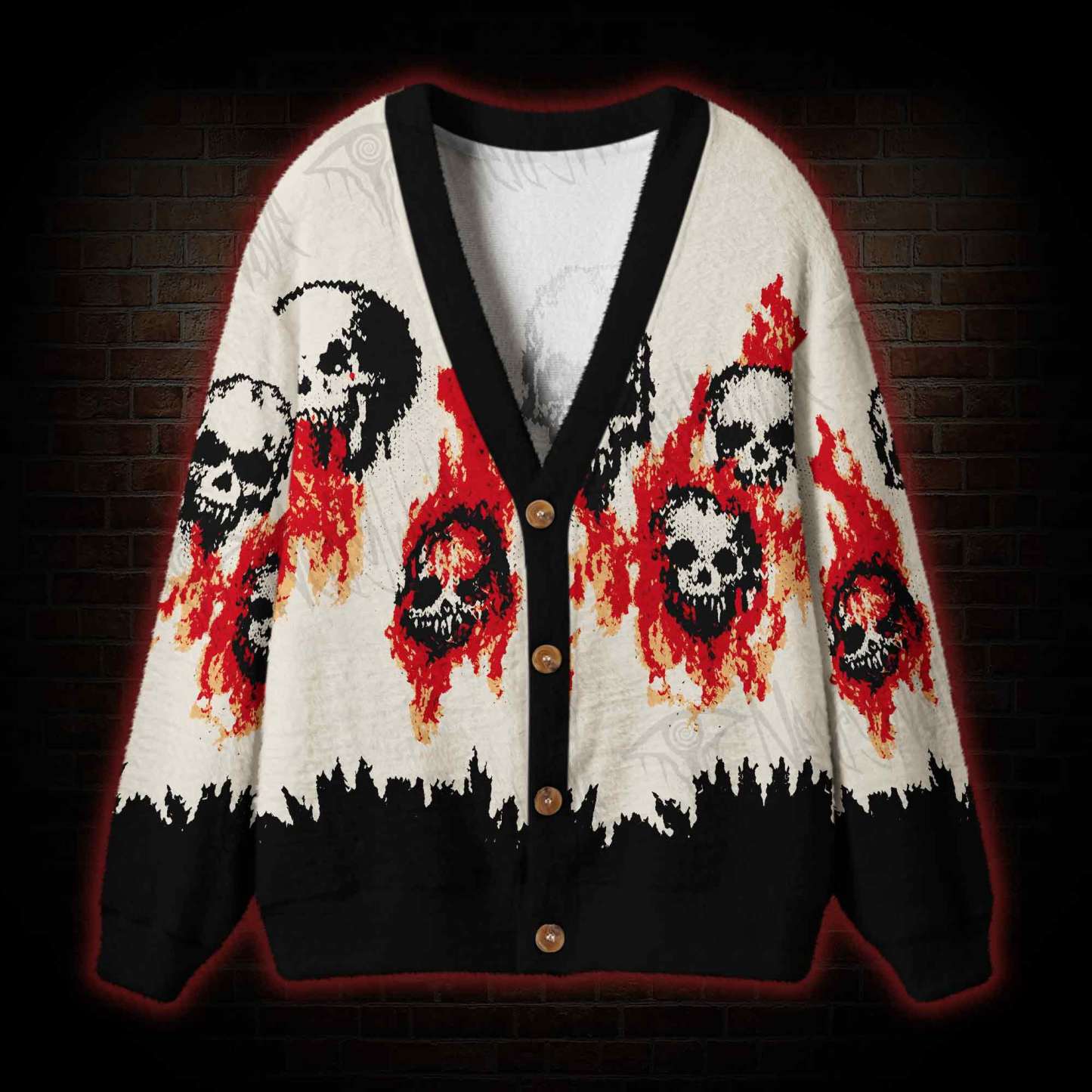 Grunge Flaming Skull Cardigan Sweater