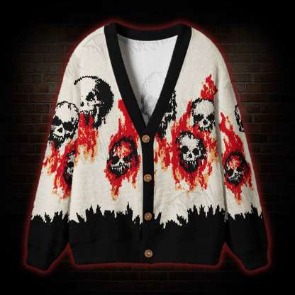 Grunge Flaming Skull Cardigan Sweater