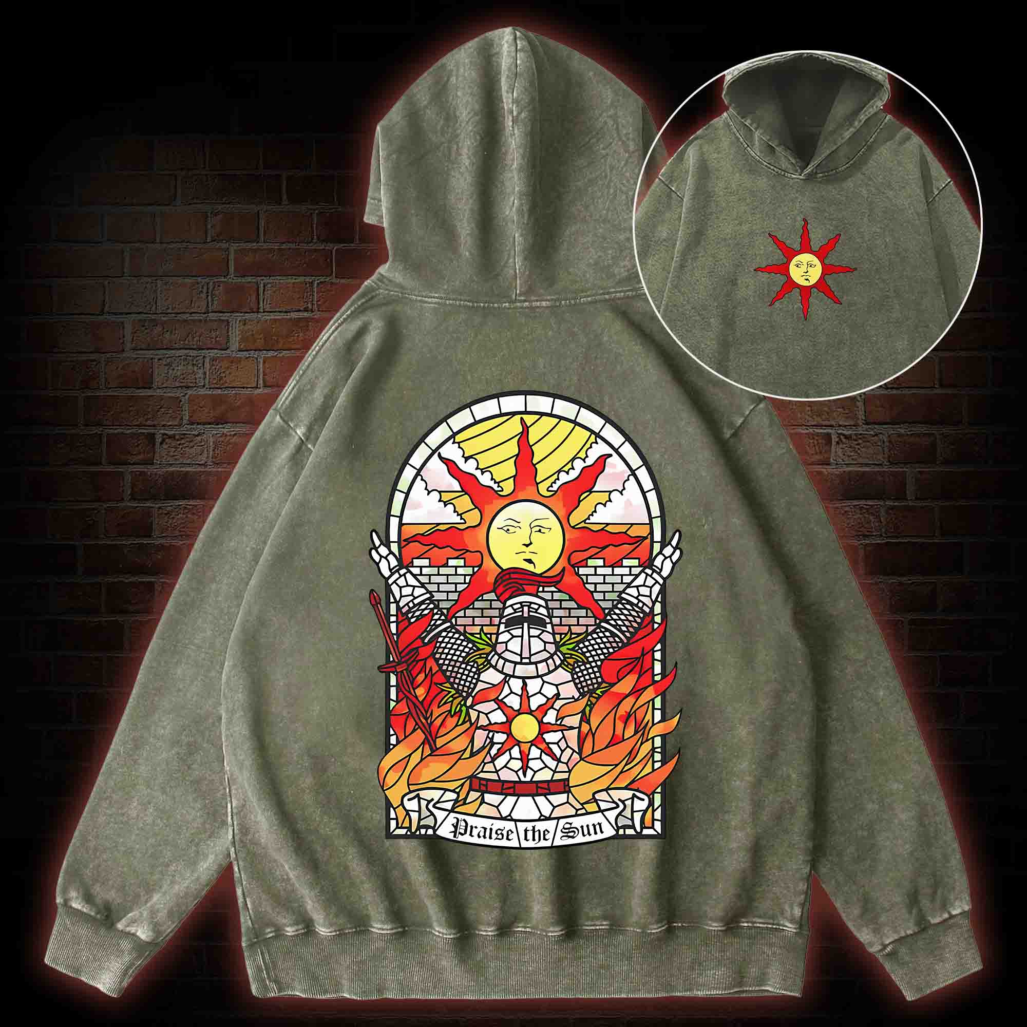 Praise the Sun Back Print Washed Hoodie
