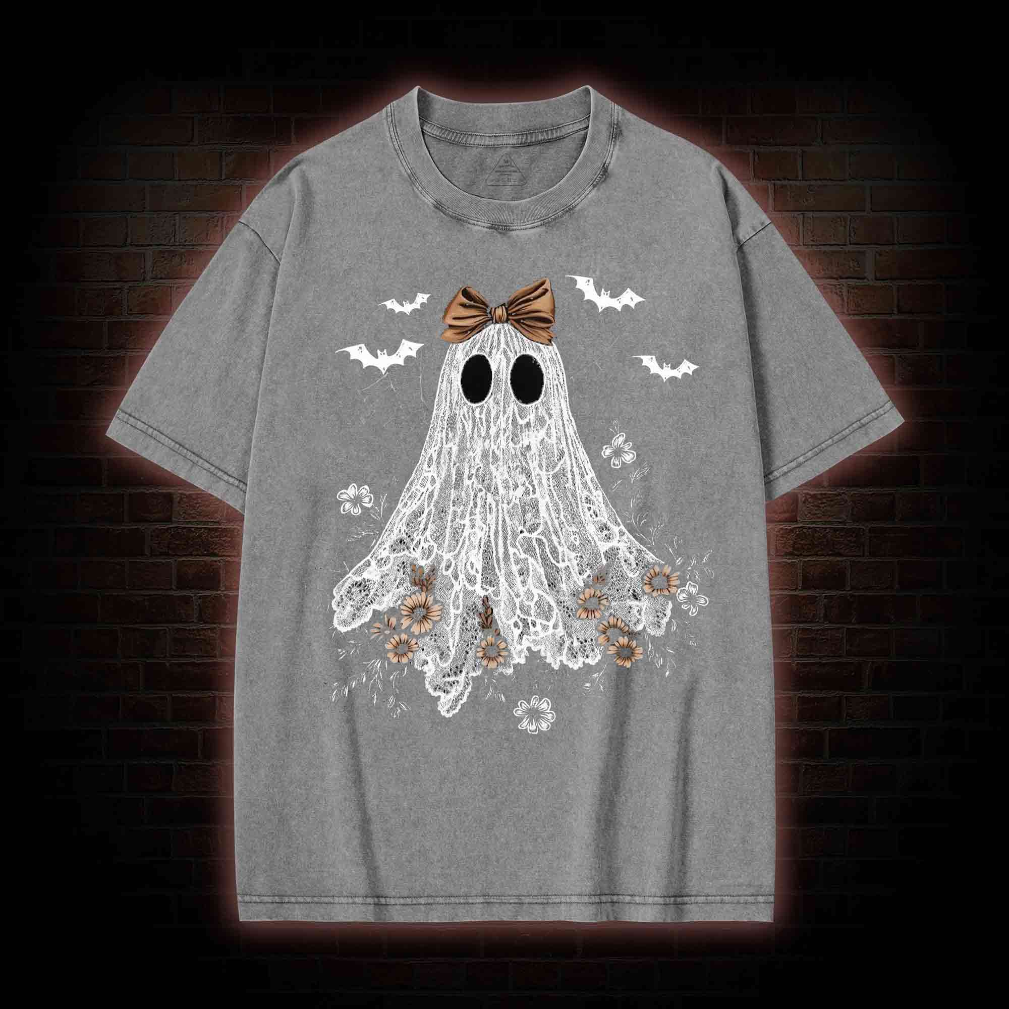Floral Cute Halloween Ghost Washed T-shirt