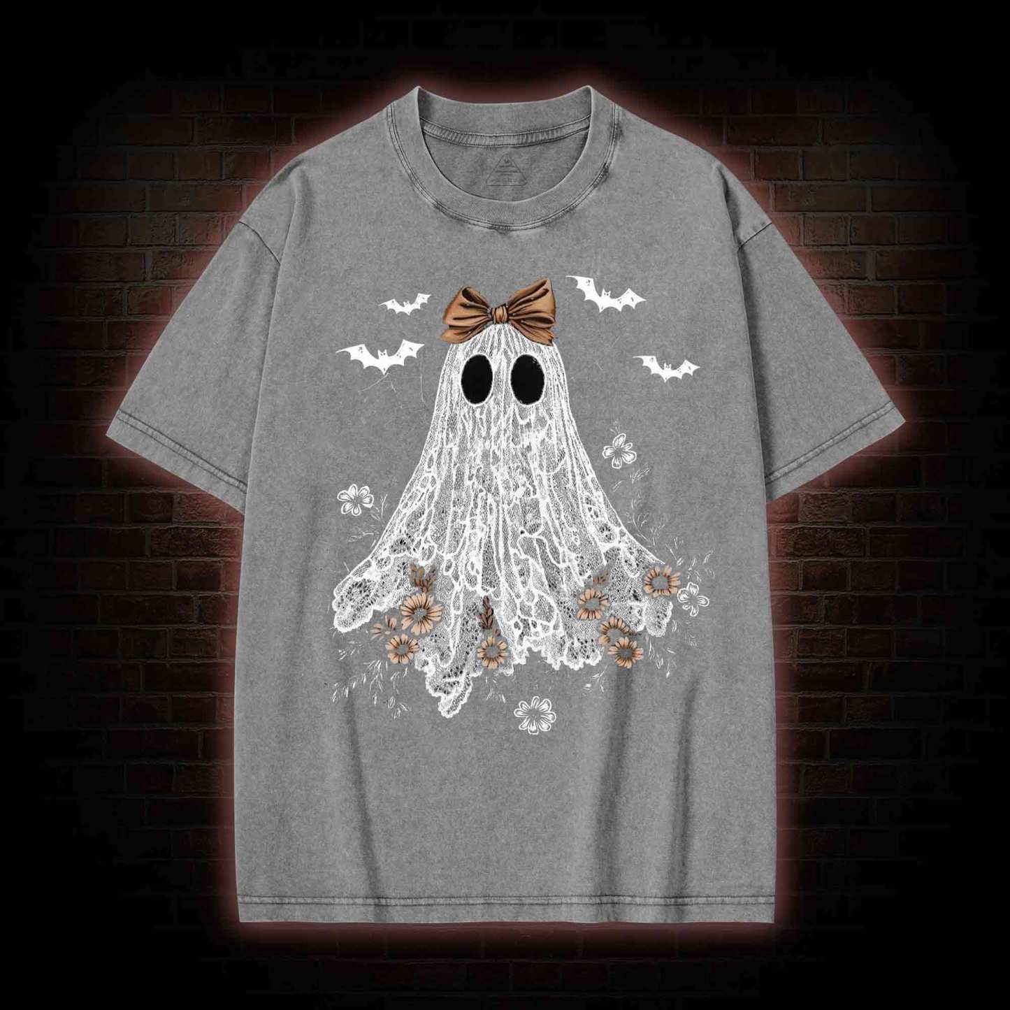 Floral Cute Halloween Ghost Washed T-shirt
