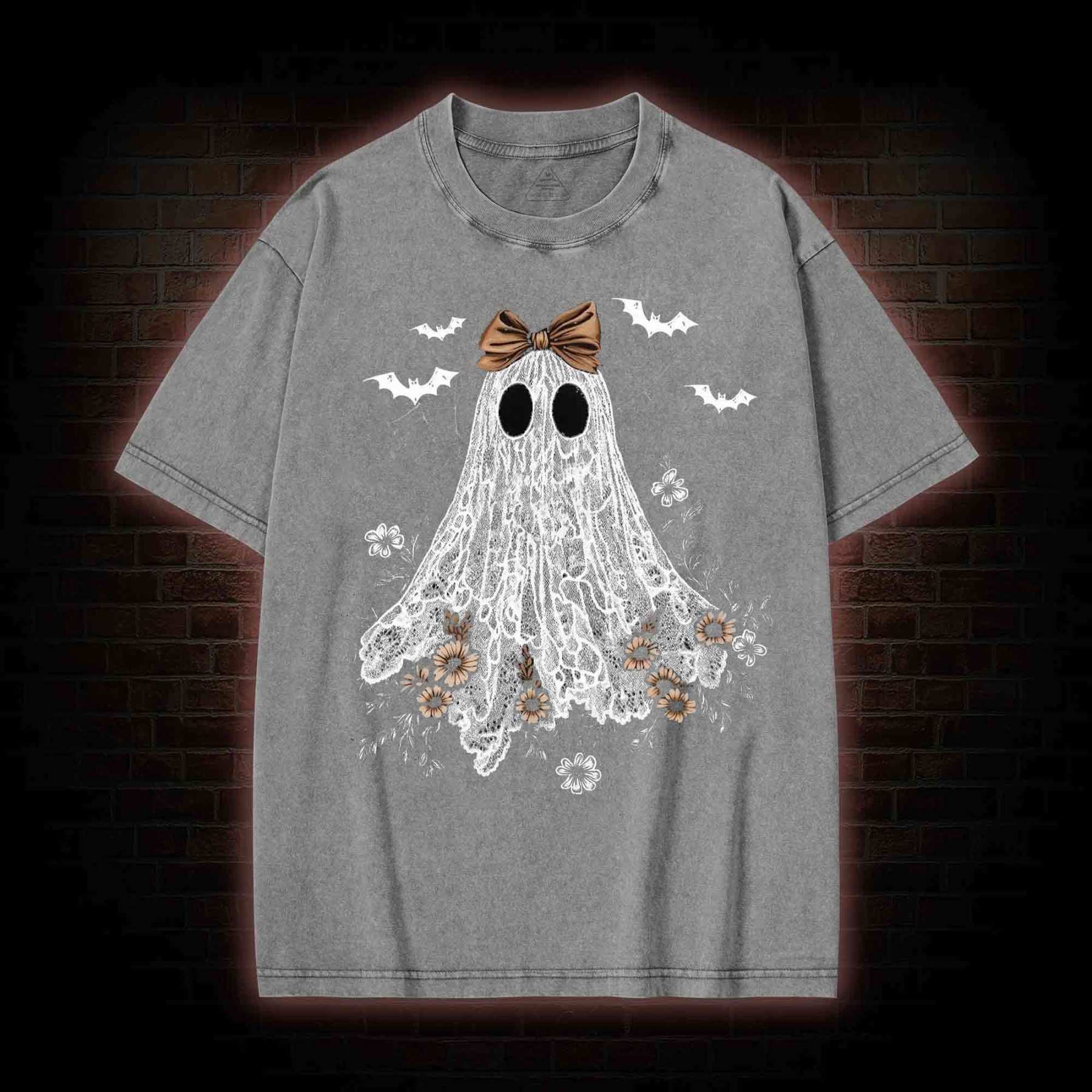Floral Cute Halloween Ghost Washed T-shirt
