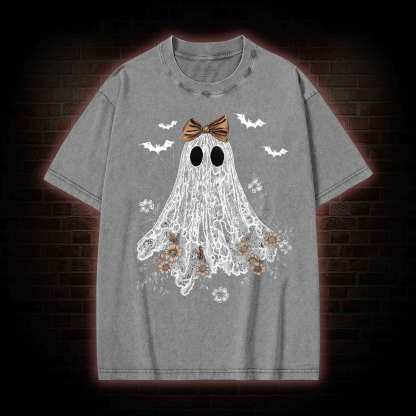 Floral Cute Halloween Ghost Washed T-shirt
