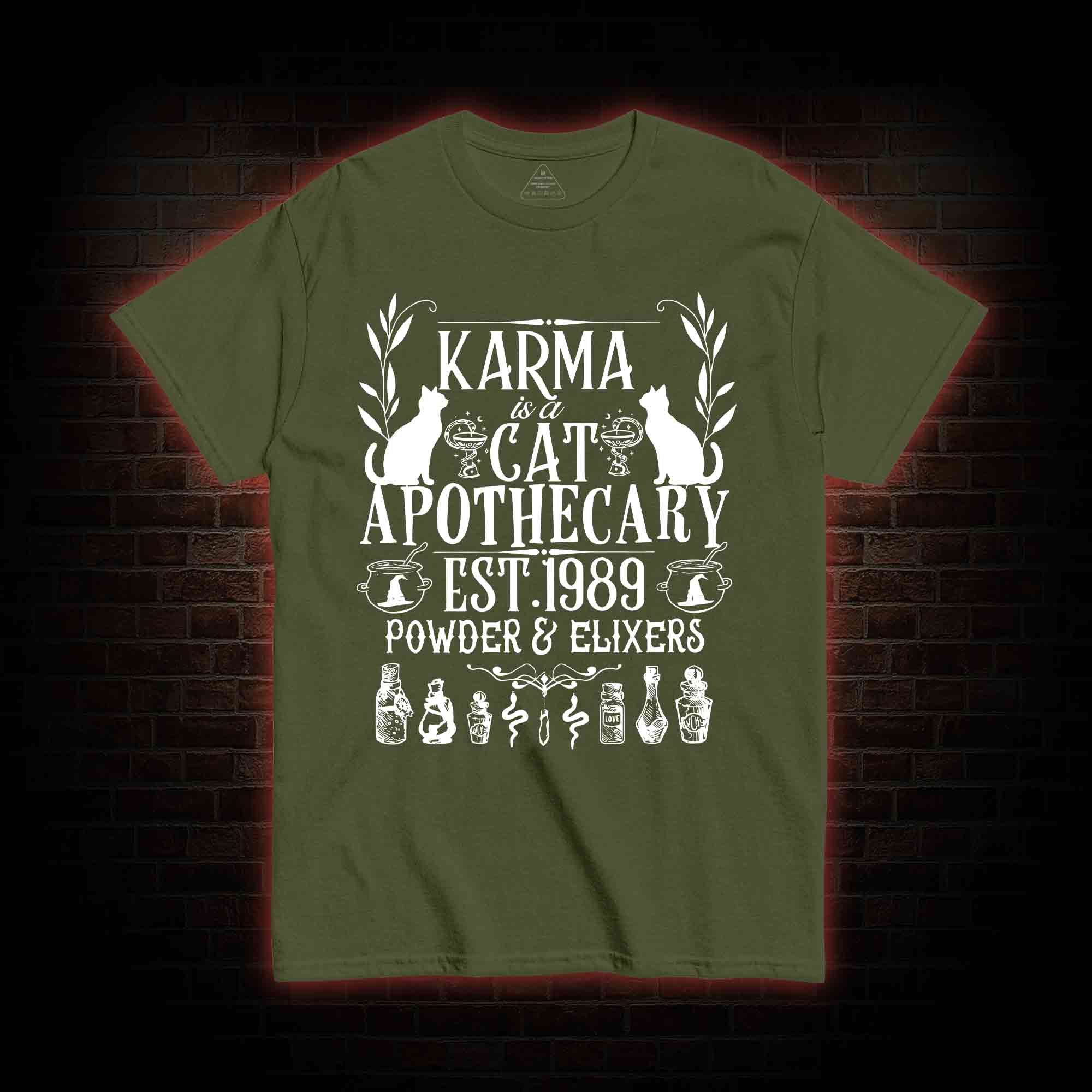 Karma Is A Cat Apothecary T-shirt 