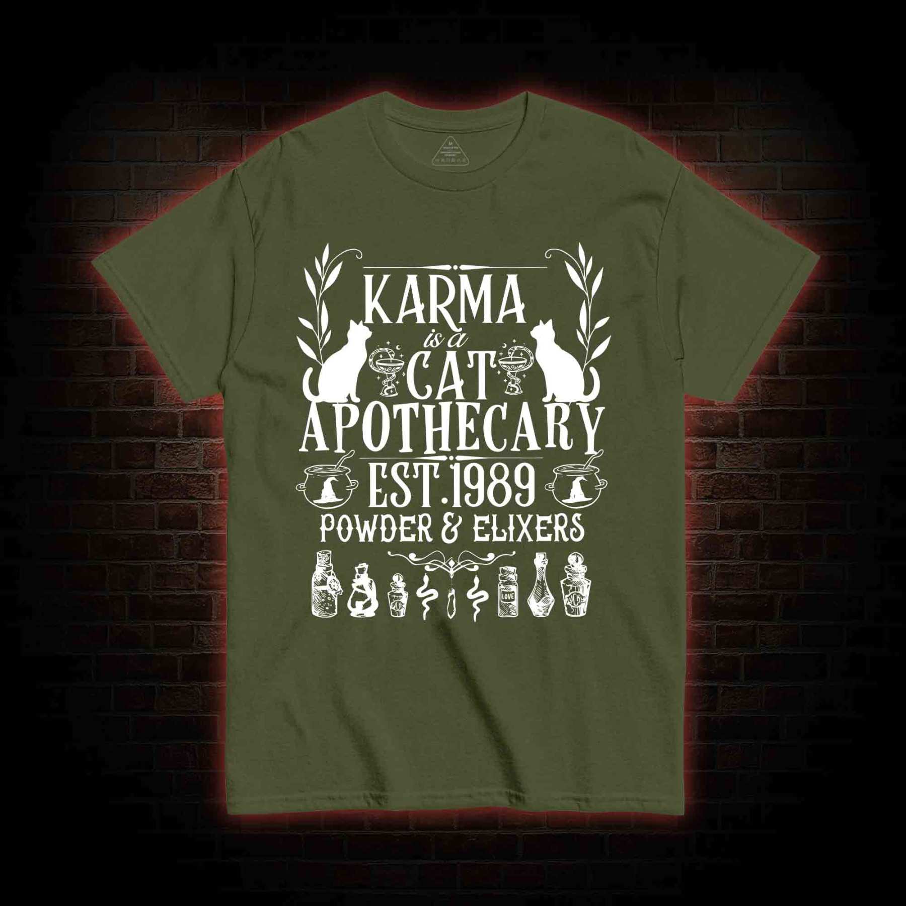 Karma Is A Cat Apothecary T-shirt 