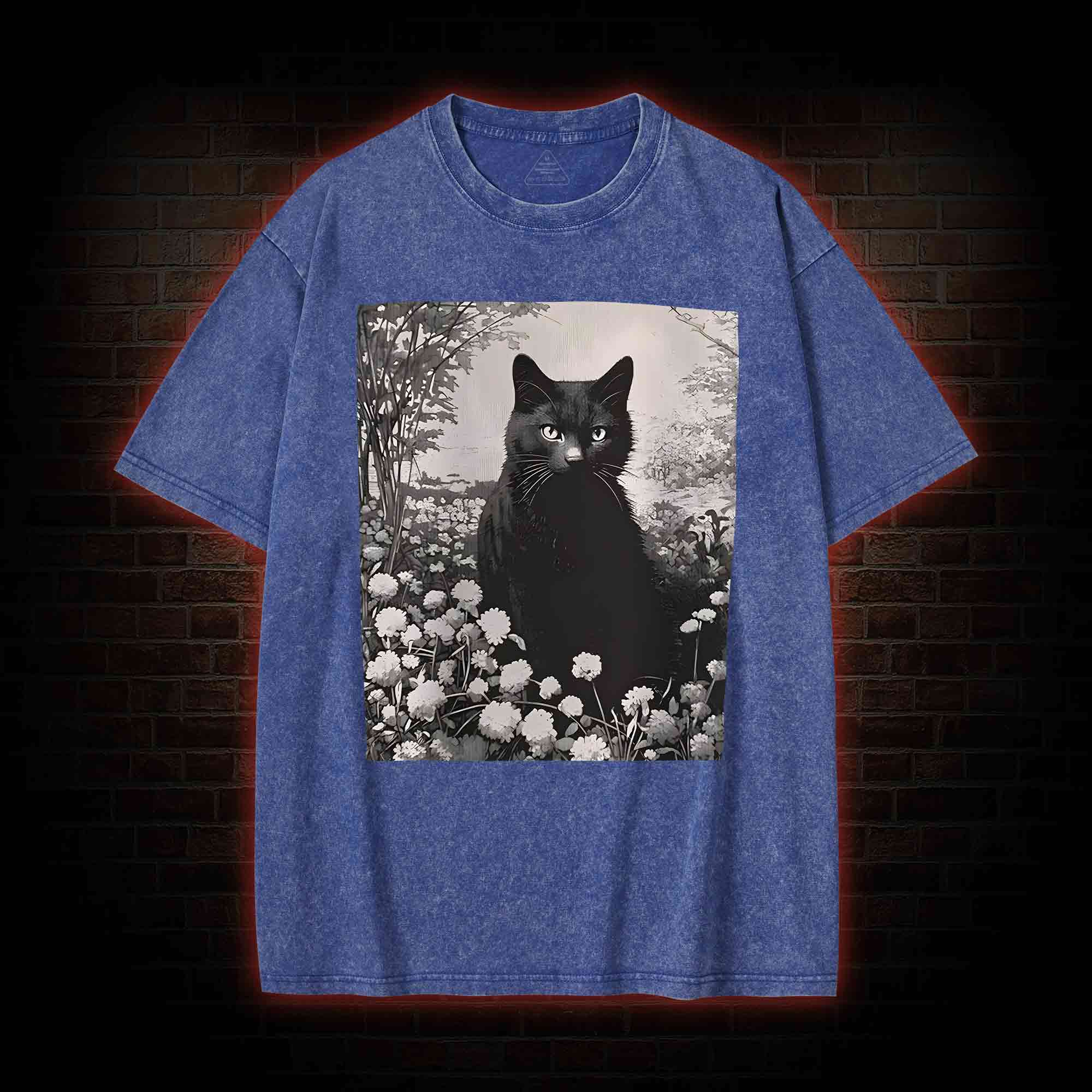 Black Cat in Garden Washed T-shirt