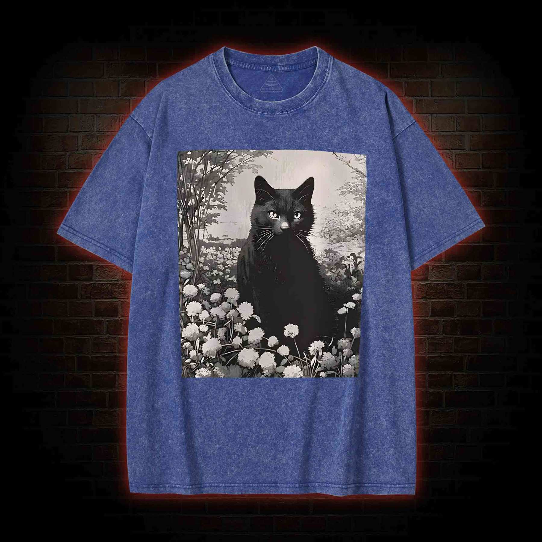 Black Cat in Garden Washed T-shirt