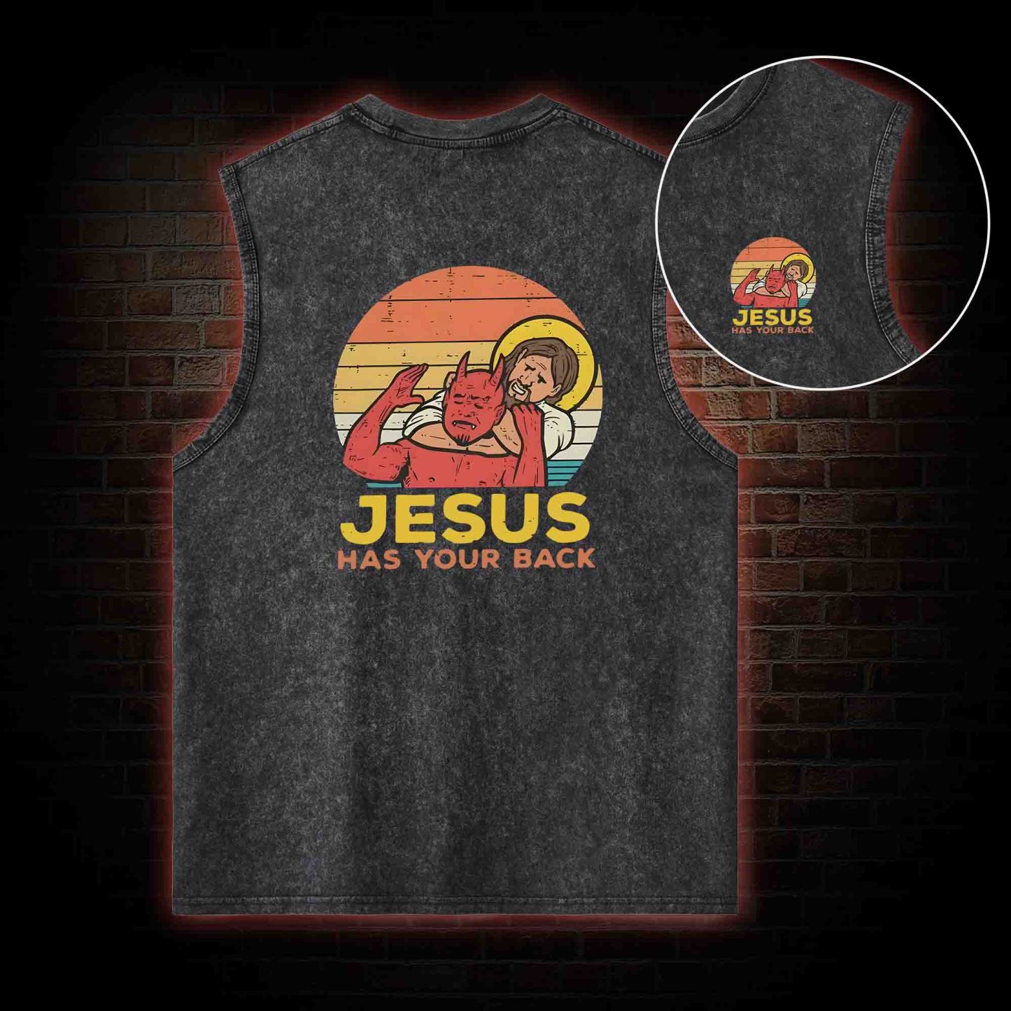 Jesus Has Your Back Back Print Washed Tank Top