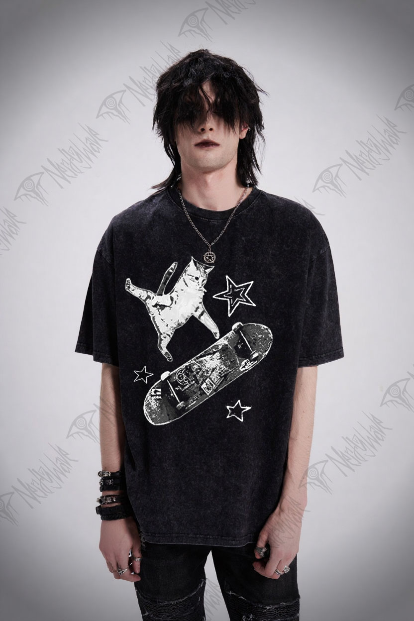 Skateboard Cat Washed T-shirt