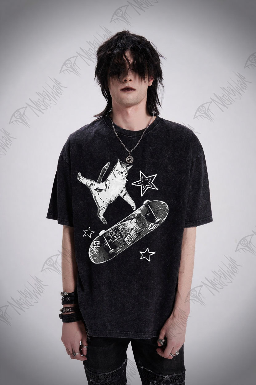 Skateboard Cat Washed T-shirt