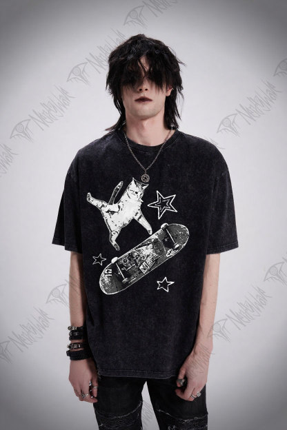 Skateboard Cat Washed T-shirt