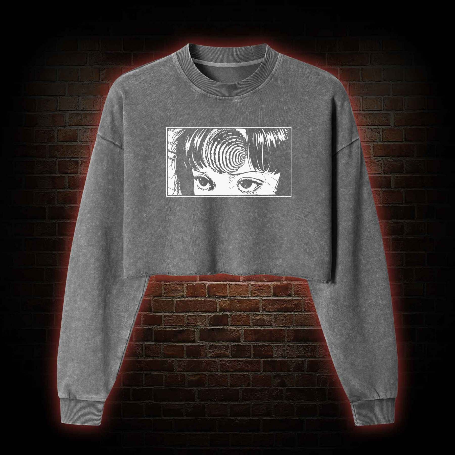 Creepy Girl Eyes, Spiral Horror Manga Washed Cropped Sweatshirts