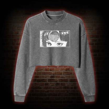 Creepy Girl Eyes, Spiral Horror Manga Washed Cropped Sweatshirts