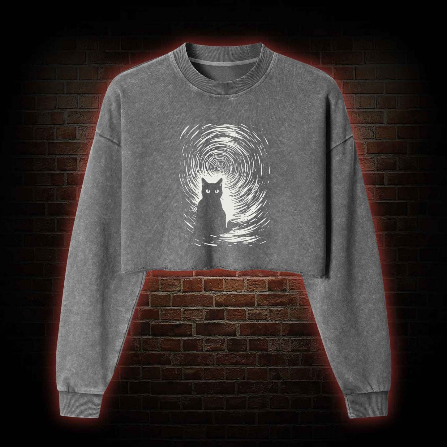 Retro Black Cat Washed Cropped Sweatshirts