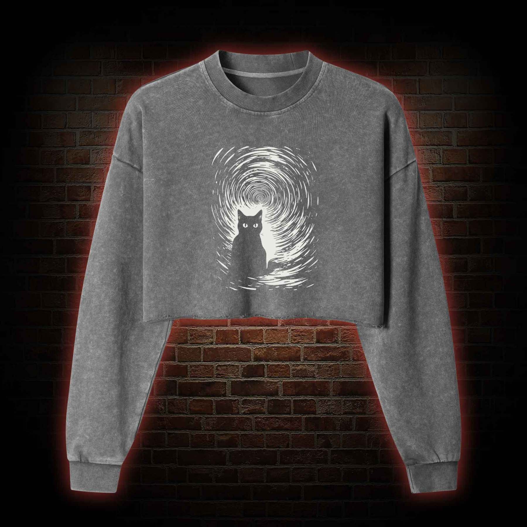 Retro Black Cat Washed Cropped Sweatshirts