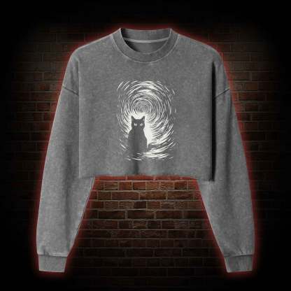 Retro Black Cat Washed Cropped Sweatshirts