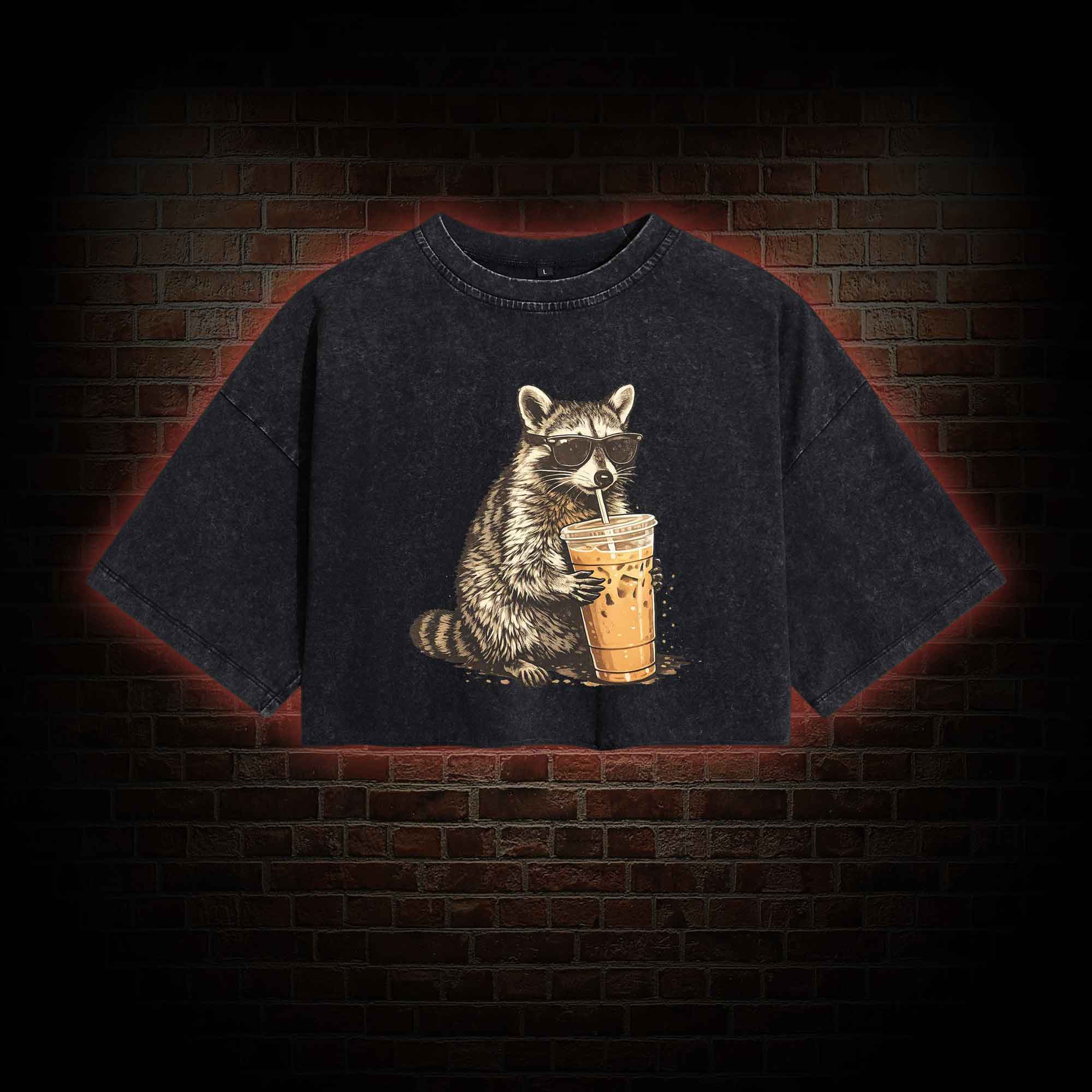 Raccoon Drinking Iced Coffee Washed Cropped T-shirts